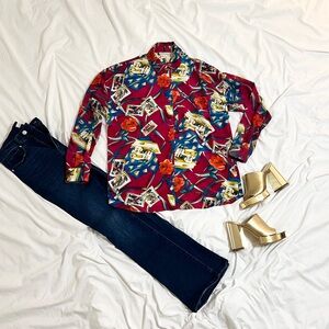 Vintage Martinique Sewing Machine, Flowers & Playing Cards Blouse